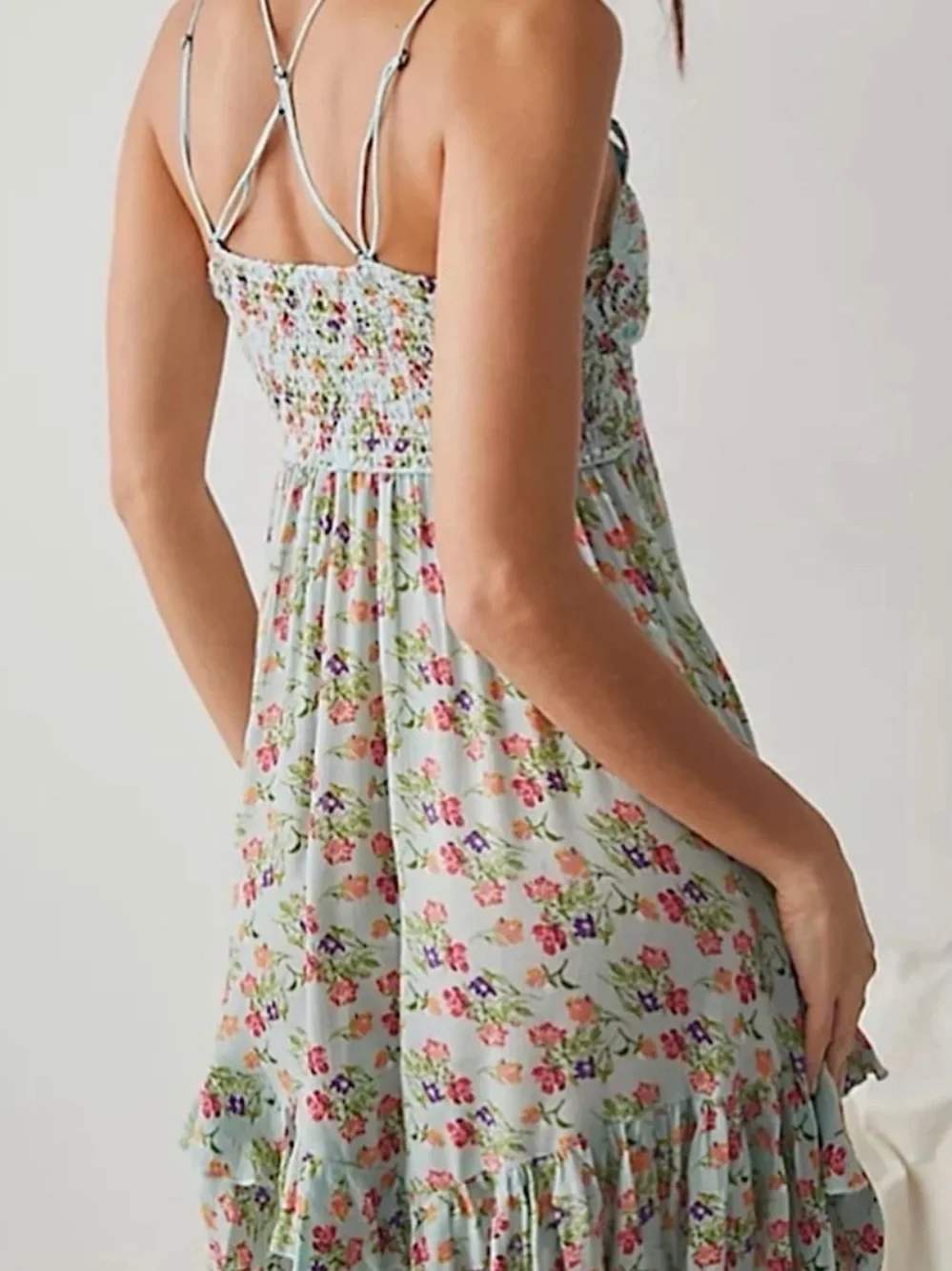 BNWOT Free People Pale Blue Floral Lace-Trim Asymmetrical Cross Back Dress - XL - Picture 3 of 15